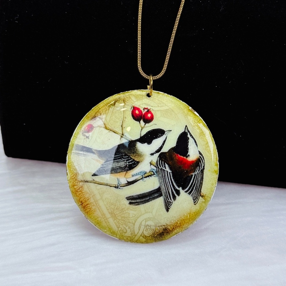 Vintage large painted bird pendant necklace